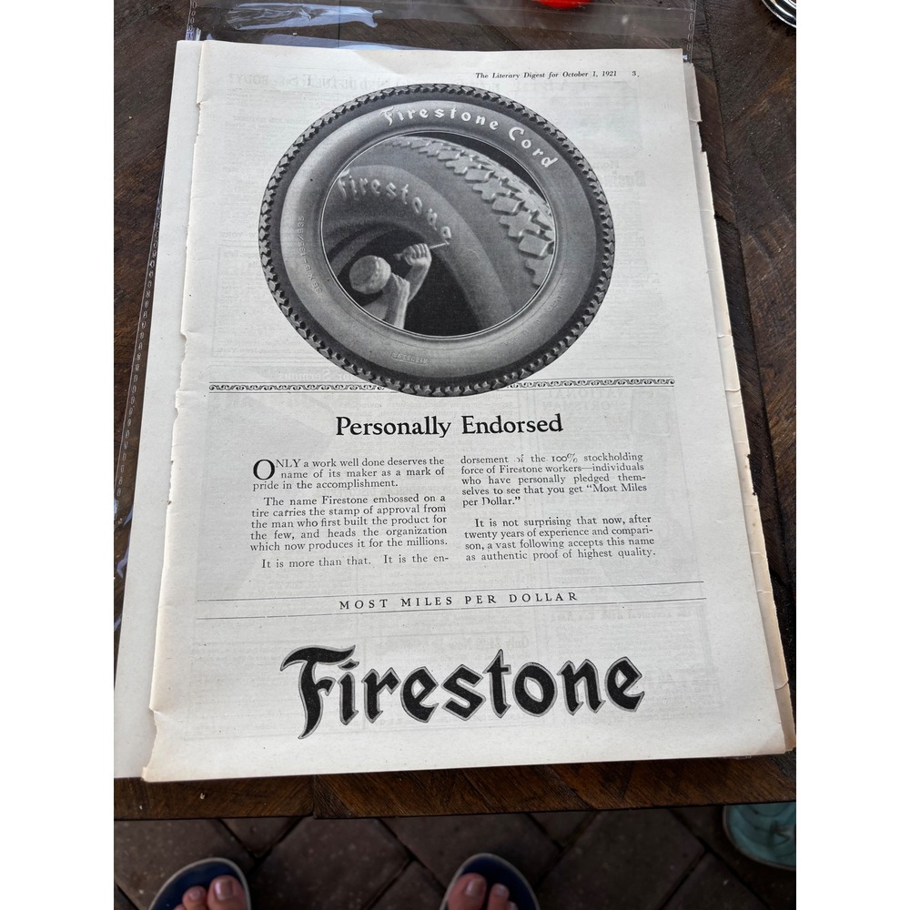 Firestone Vintage Print Ad 1921 Black White Cord Tires Antique Garage Art